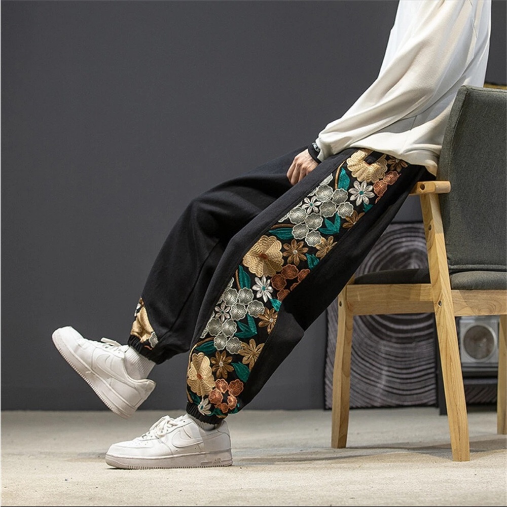 Japanese Floral Embroidered Black Pants